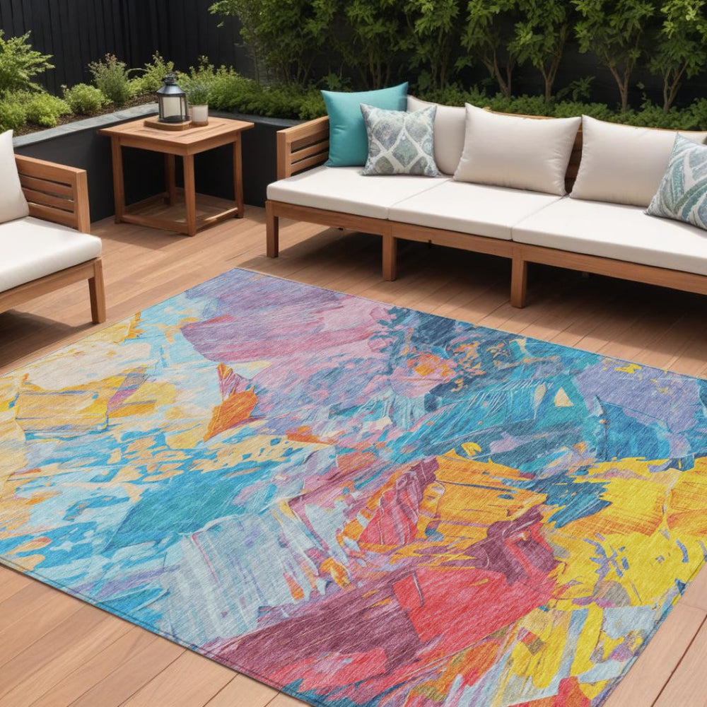 HomeRoots 5' Vibrant Abstract Area Rug – Modern Washable Indoor/Outdoor Design for High-Traffic Spaces 10' X 14' 618537