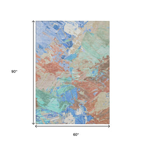 HomeRoots 5' Vibrant Abstract Washable Area Rug in Coral, Teal Blue & Mint Green for Indoor & Outdoor Spaces 5' X 8' 618539