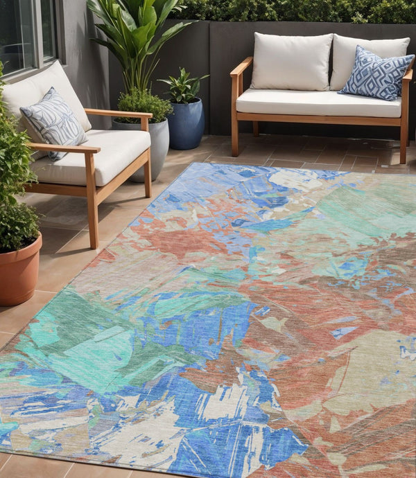HomeRoots 5' Vibrant Abstract Washable Area Rug in Coral, Teal Blue & Mint Green for Indoor & Outdoor Spaces 5' X 8' 618539