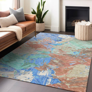 HomeRoots 5' Vibrant Abstract Washable Area Rug in Coral, Teal Blue & Mint Green for Indoor & Outdoor Spaces 5' X 8' 618539