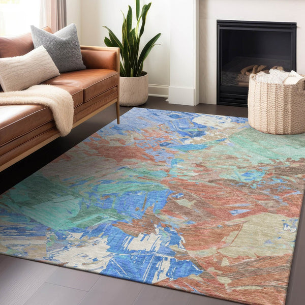 HomeRoots 5' Vibrant Abstract Washable Area Rug in Coral, Teal Blue & Mint Green for Indoor & Outdoor Spaces 5' X 8' 618539