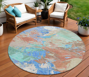 HomeRoots 5' Vibrant Abstract Washable Area Rug in Coral, Teal Blue & Mint Green for Indoor & Outdoor Spaces 8' Round 618540