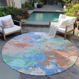 HomeRoots 5' Vibrant Abstract Washable Area Rug in Coral, Teal Blue & Mint Green for Indoor & Outdoor Spaces 8' Round 618540