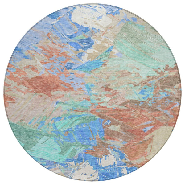 HomeRoots 5' Vibrant Abstract Washable Area Rug in Coral, Teal Blue & Mint Green for Indoor & Outdoor Spaces 8' Round 618540