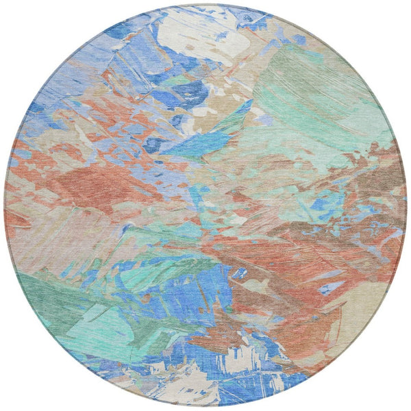 HomeRoots 5' Vibrant Abstract Washable Area Rug in Coral, Teal Blue & Mint Green for Indoor & Outdoor Spaces 8' Round 618540