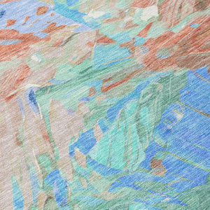HomeRoots 5' Vibrant Abstract Washable Area Rug in Coral, Teal Blue & Mint Green for Indoor & Outdoor Spaces 8' Round 618540