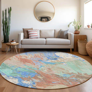 HomeRoots 5' Vibrant Abstract Washable Area Rug in Coral, Teal Blue & Mint Green for Indoor & Outdoor Spaces 8' Round 618540