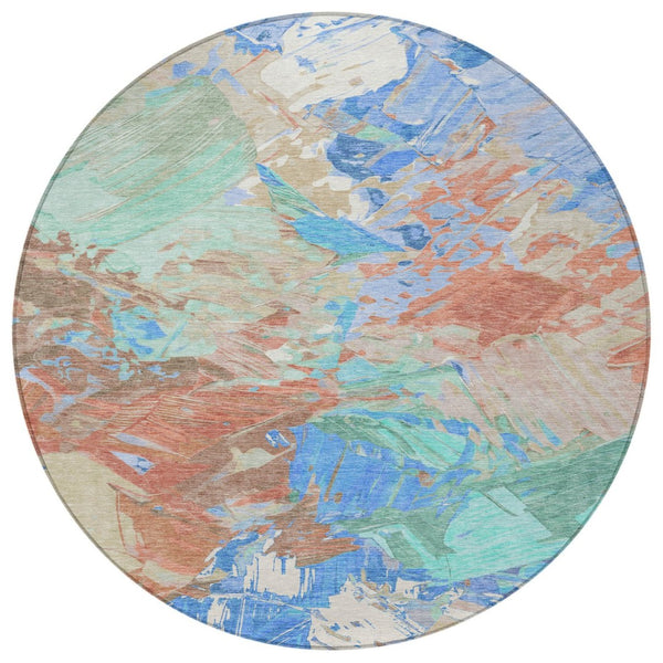 HomeRoots 5' Vibrant Abstract Washable Area Rug in Coral, Teal Blue & Mint Green for Indoor & Outdoor Spaces 8' Round 618540