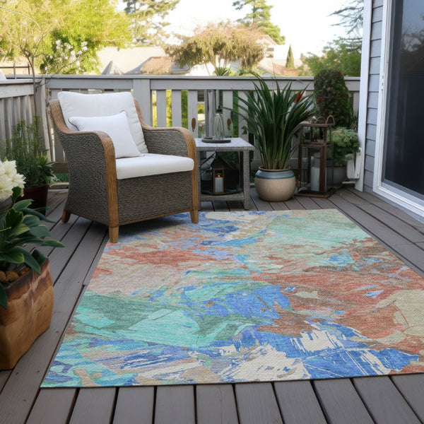 HomeRoots 5' Vibrant Abstract Washable Area Rug in Coral, Teal Blue & Mint Green for Indoor & Outdoor Spaces 8' X 10' 618541