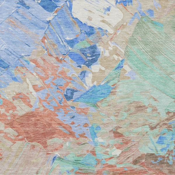 HomeRoots 5' Vibrant Abstract Washable Area Rug in Coral, Teal Blue & Mint Green for Indoor & Outdoor Spaces 9' X 12' 618542