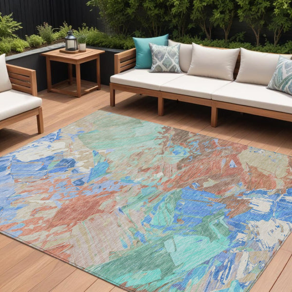 HomeRoots 5' Vibrant Abstract Washable Area Rug in Coral, Teal Blue & Mint Green for Indoor & Outdoor Spaces 10' X 14' 618543