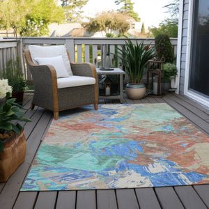 HomeRoots 5' Vibrant Abstract Washable Area Rug in Coral, Teal Blue & Mint Green for Indoor & Outdoor Spaces 10' X 14' 618543