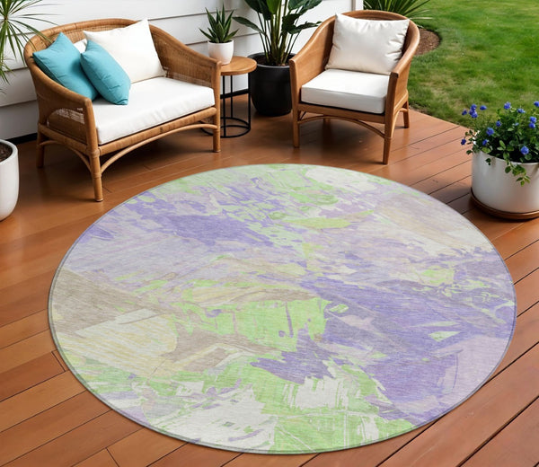 HomeRoots 5' Abstract Washable Indoor Outdoor Area Rug in Lavender Mint Green – Durable, Stylish, Versatile Design 8' Round 618546