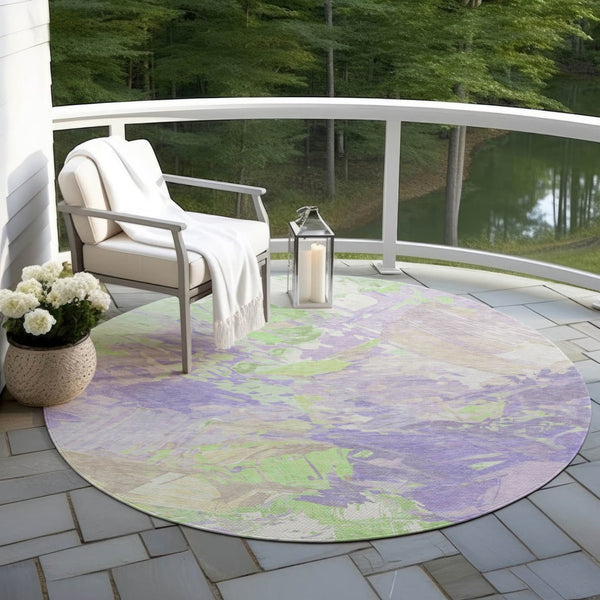 HomeRoots 5' Abstract Washable Indoor Outdoor Area Rug in Lavender Mint Green – Durable, Stylish, Versatile Design 8' Round 618546
