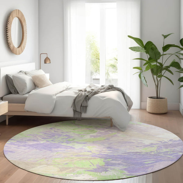 HomeRoots 5' Abstract Washable Indoor Outdoor Area Rug in Lavender Mint Green – Durable, Stylish, Versatile Design 8' Round 618546