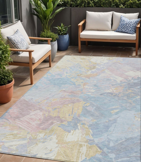 HomeRoots 5' Sky Blue Beige and Gold Abstract Area Rug – Stylish, Washable, Durable for Indoor and Outdoor Use 5' X 8' 618551