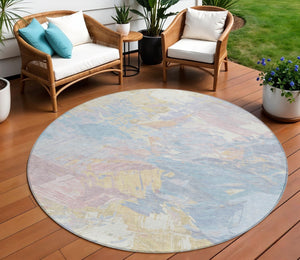 HomeRoots 5' Sky Blue Beige and Gold Abstract Area Rug – Stylish, Washable, Durable for Indoor and Outdoor Use 8' Round 618552