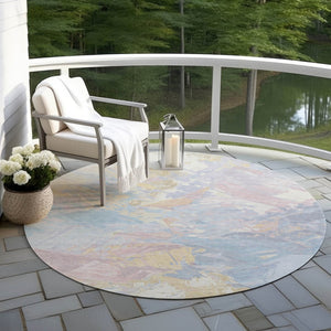 HomeRoots 5' Sky Blue Beige and Gold Abstract Area Rug – Stylish, Washable, Durable for Indoor and Outdoor Use 8' Round 618552