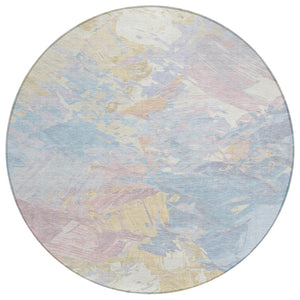 HomeRoots 5' Sky Blue Beige and Gold Abstract Area Rug – Stylish, Washable, Durable for Indoor and Outdoor Use 8' Round 618552