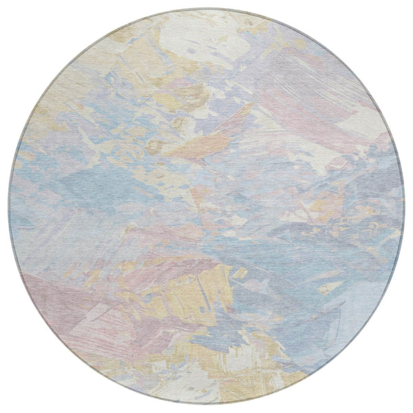 HomeRoots 5' Sky Blue Beige and Gold Abstract Area Rug – Stylish, Washable, Durable for Indoor and Outdoor Use 8' Round 618552