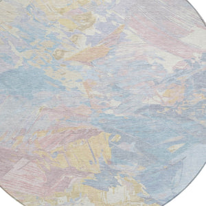 HomeRoots 5' Sky Blue Beige and Gold Abstract Area Rug – Stylish, Washable, Durable for Indoor and Outdoor Use 8' Round 618552