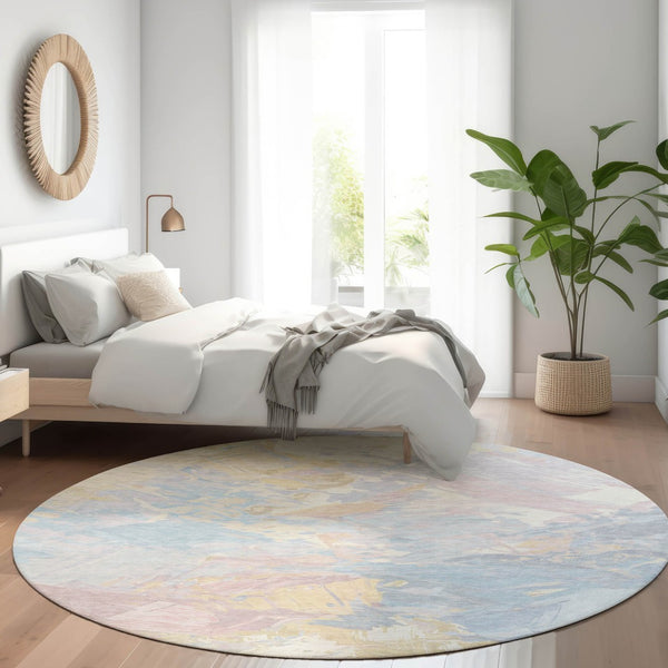 HomeRoots 5' Sky Blue Beige and Gold Abstract Area Rug – Stylish, Washable, Durable for Indoor and Outdoor Use 8' Round 618552