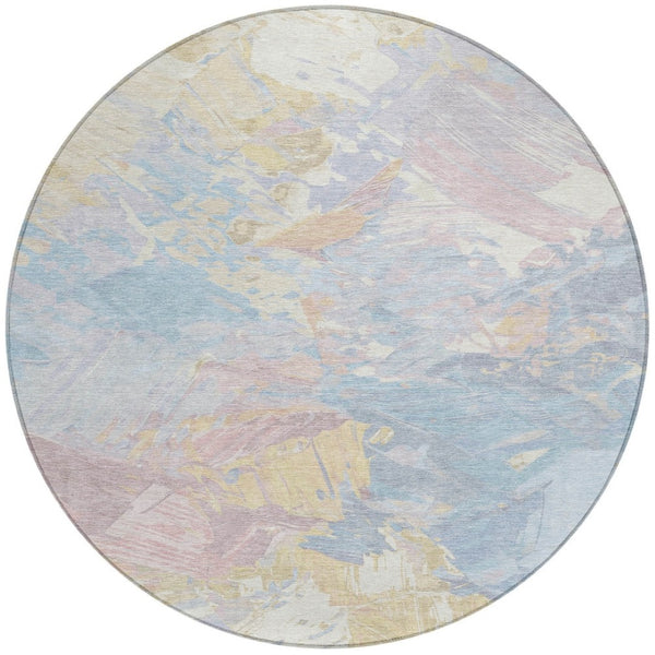 HomeRoots 5' Sky Blue Beige and Gold Abstract Area Rug – Stylish, Washable, Durable for Indoor and Outdoor Use 8' Round 618552