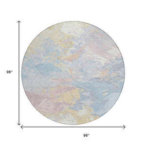 HomeRoots 5' Sky Blue Beige and Gold Abstract Area Rug – Stylish, Washable, Durable for Indoor and Outdoor Use 8' Round 618552