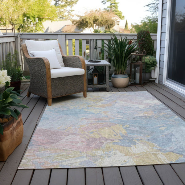 HomeRoots 5' Sky Blue Beige and Gold Abstract Area Rug – Stylish, Washable, Durable for Indoor and Outdoor Use 8' X 10' 618553