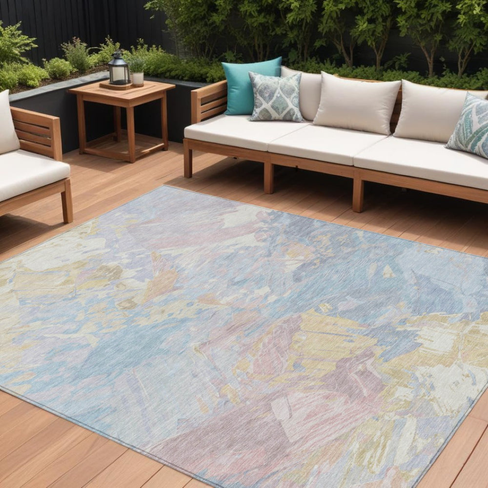 HomeRoots 5' Sky Blue Beige and Gold Abstract Area Rug – Stylish, Washable, Durable for Indoor and Outdoor Use 9' X 12' 618554