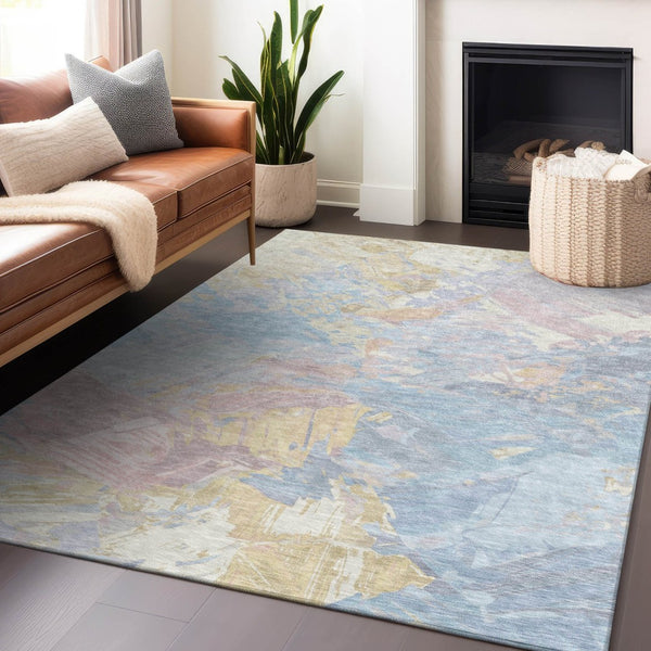 HomeRoots 5' Sky Blue Beige and Gold Abstract Area Rug – Stylish, Washable, Durable for Indoor and Outdoor Use 9' X 12' 618554