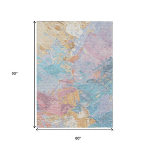 HomeRoots 5' Vibrant Teal Blue Gold Pink Abstract Washable Area Rug for Indoor and Outdoor Versatile Style 5' X 8' 618557