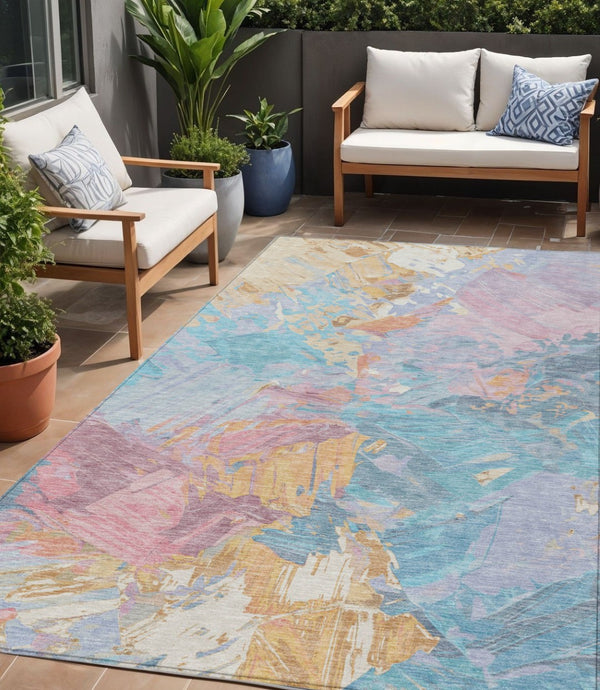 HomeRoots 5' Vibrant Teal Blue Gold Pink Abstract Washable Area Rug for Indoor and Outdoor Versatile Style 5' X 8' 618557