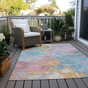 HomeRoots 5' Vibrant Teal Blue Gold Pink Abstract Washable Area Rug for Indoor and Outdoor Versatile Style 5' X 8' 618557