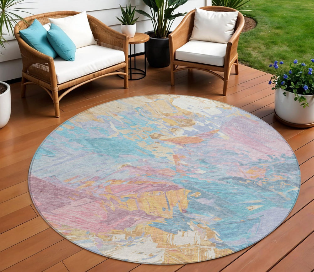 HomeRoots 5' Vibrant Teal Blue Gold Pink Abstract Washable Area Rug for Indoor and Outdoor Versatile Style 8' Round 618558
