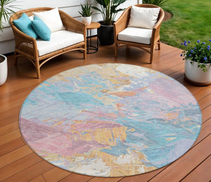 HomeRoots 5' Vibrant Teal Blue Gold Pink Abstract Washable Area Rug for Indoor and Outdoor Versatile Style 8' Round 618558