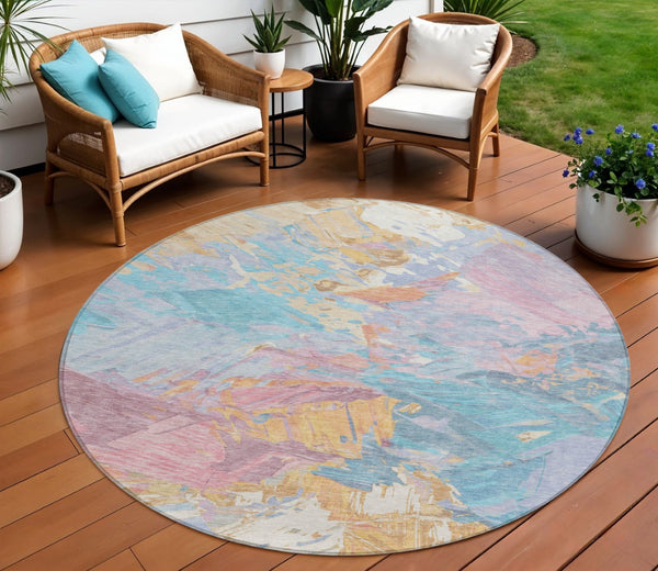 HomeRoots 5' Vibrant Teal Blue Gold Pink Abstract Washable Area Rug for Indoor and Outdoor Versatile Style 8' Round 618558