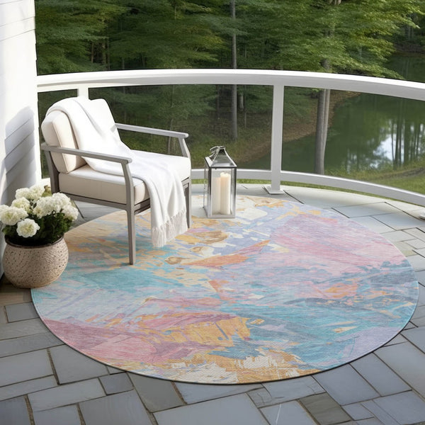 HomeRoots 5' Vibrant Teal Blue Gold Pink Abstract Washable Area Rug for Indoor and Outdoor Versatile Style 8' Round 618558