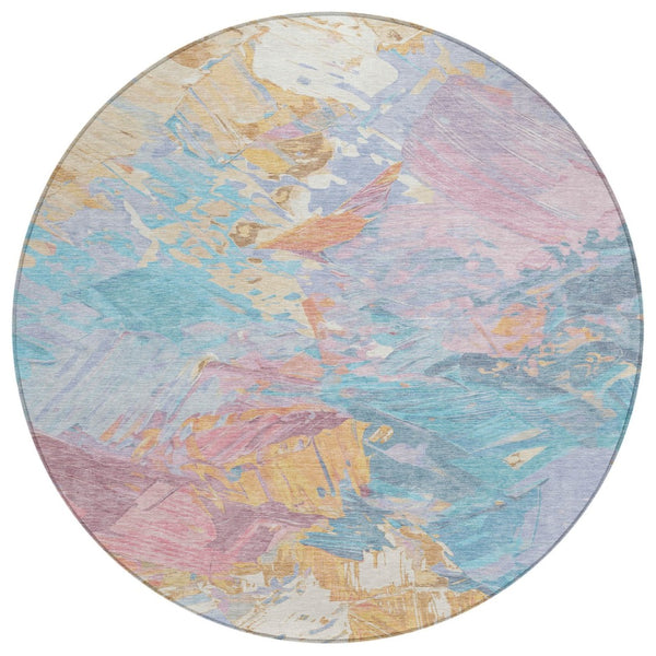 HomeRoots 5' Vibrant Teal Blue Gold Pink Abstract Washable Area Rug for Indoor and Outdoor Versatile Style 8' Round 618558