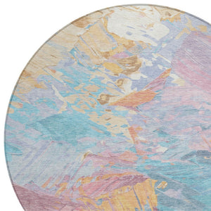 HomeRoots 5' Vibrant Teal Blue Gold Pink Abstract Washable Area Rug for Indoor and Outdoor Versatile Style 8' Round 618558