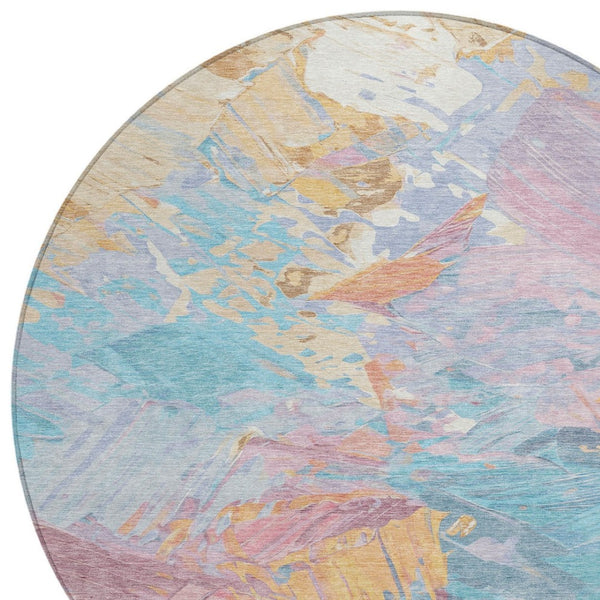 HomeRoots 5' Vibrant Teal Blue Gold Pink Abstract Washable Area Rug for Indoor and Outdoor Versatile Style 8' Round 618558