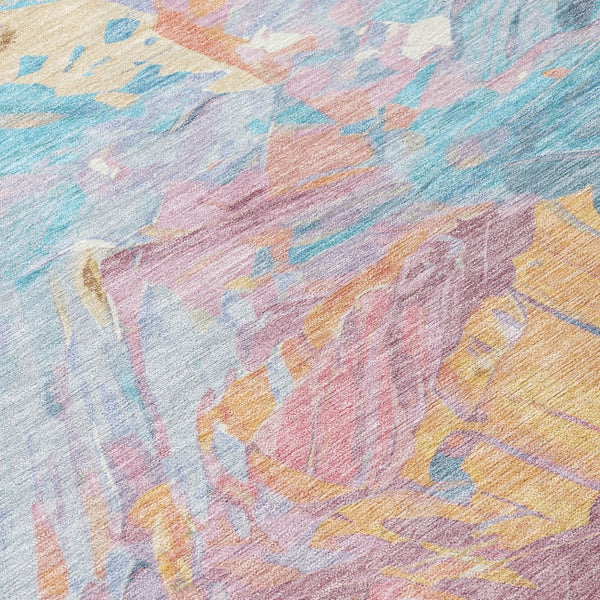 HomeRoots 5' Vibrant Teal Blue Gold Pink Abstract Washable Area Rug for Indoor and Outdoor Versatile Style 8' Round 618558