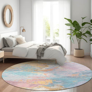 HomeRoots 5' Vibrant Teal Blue Gold Pink Abstract Washable Area Rug for Indoor and Outdoor Versatile Style 8' Round 618558