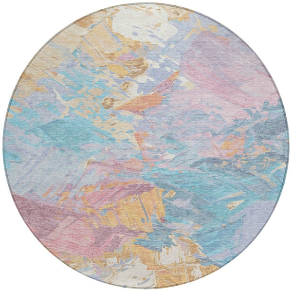 HomeRoots 5' Vibrant Teal Blue Gold Pink Abstract Washable Area Rug for Indoor and Outdoor Versatile Style 8' Round 618558