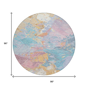 HomeRoots 5' Vibrant Teal Blue Gold Pink Abstract Washable Area Rug for Indoor and Outdoor Versatile Style 8' Round 618558