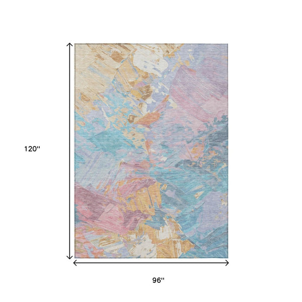 HomeRoots 5' Vibrant Teal Blue Gold Pink Abstract Washable Area Rug for Indoor and Outdoor Versatile Style 8' X 10' 618559