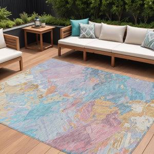 HomeRoots 5' Vibrant Teal Blue Gold Pink Abstract Washable Area Rug for Indoor and Outdoor Versatile Style 10' X 14' 618561