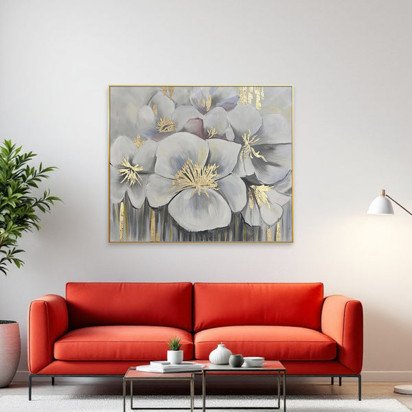 Homeroots White Blossoms Gold Framed Oil Painting - Hand-painted Modern Art For Stylish Wall Décor 39.5"X59"  Canvas 618562