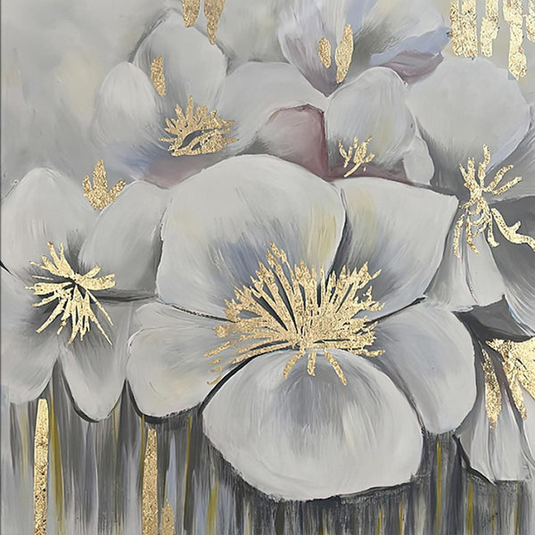 Homeroots White Blossoms Gold Framed Oil Painting - Hand-painted Modern Art For Stylish Wall Décor 39.5"X59"  Canvas 618562