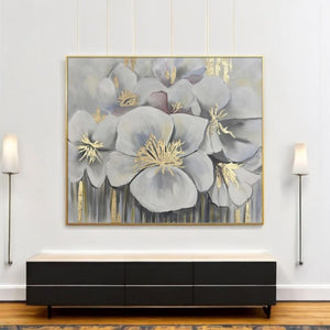 Homeroots White Blossoms Gold Framed Oil Painting - Hand-painted Modern Art For Stylish Wall Décor 39.5"X59"  Canvas 618562